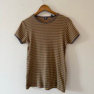 GAP Vintage Womens Short Sleeve Brown and Gray Striped Tee 100% Cotton Size L